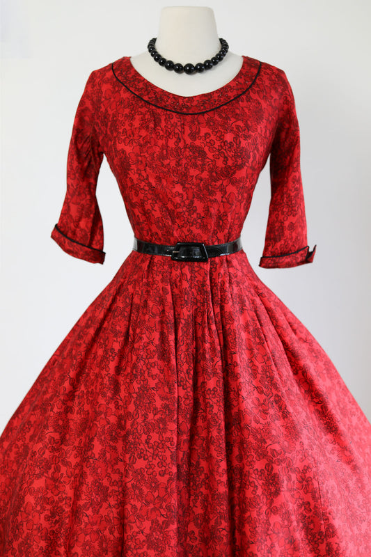 Vintage 1950s Dress - Rustling Deep Scarlet + Black Floral Dress w "Ruby" Rhinestones Size S to M