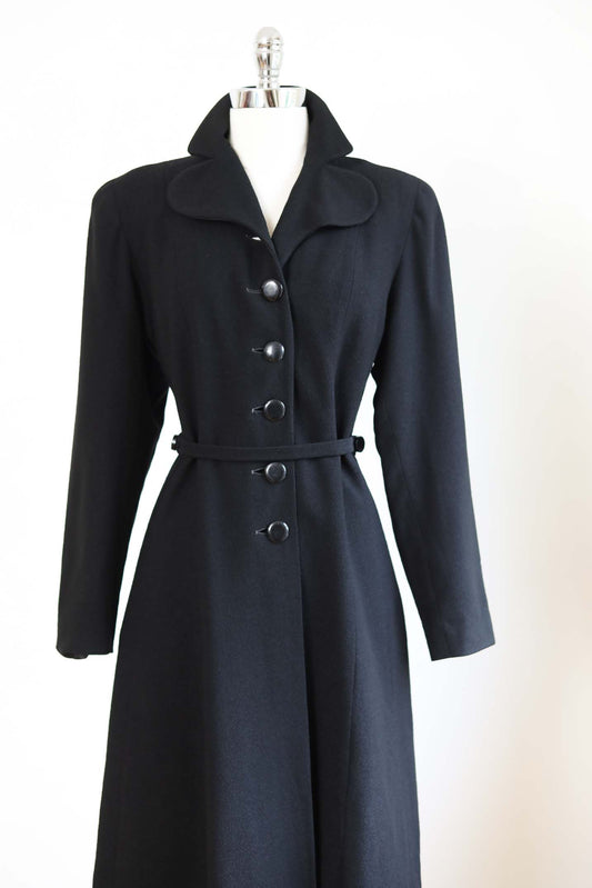 Vintage 1930s to 1940s Princess Coat - SUBLIME Black Goth Crepe Wool w Deco V-Details & Bakelite Buttons Size S - M