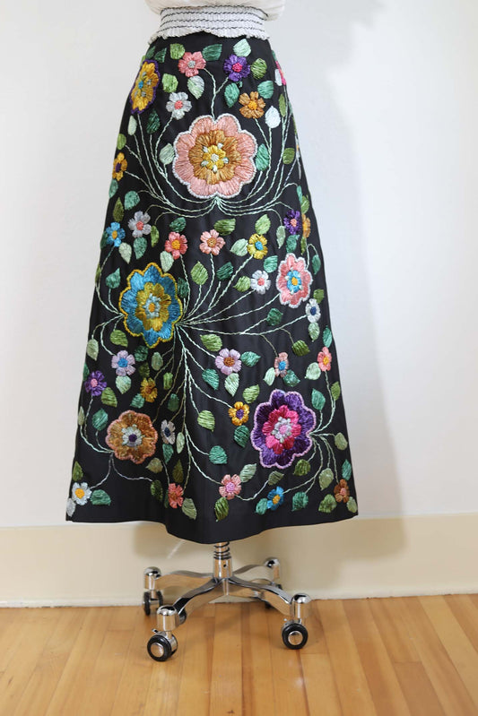 Vintage 1960s Skirt - RARE + INCREDIBLE Black w Pastel Rainbow Embroidered Straw Flowers Maxi of Dreams! Size S - M