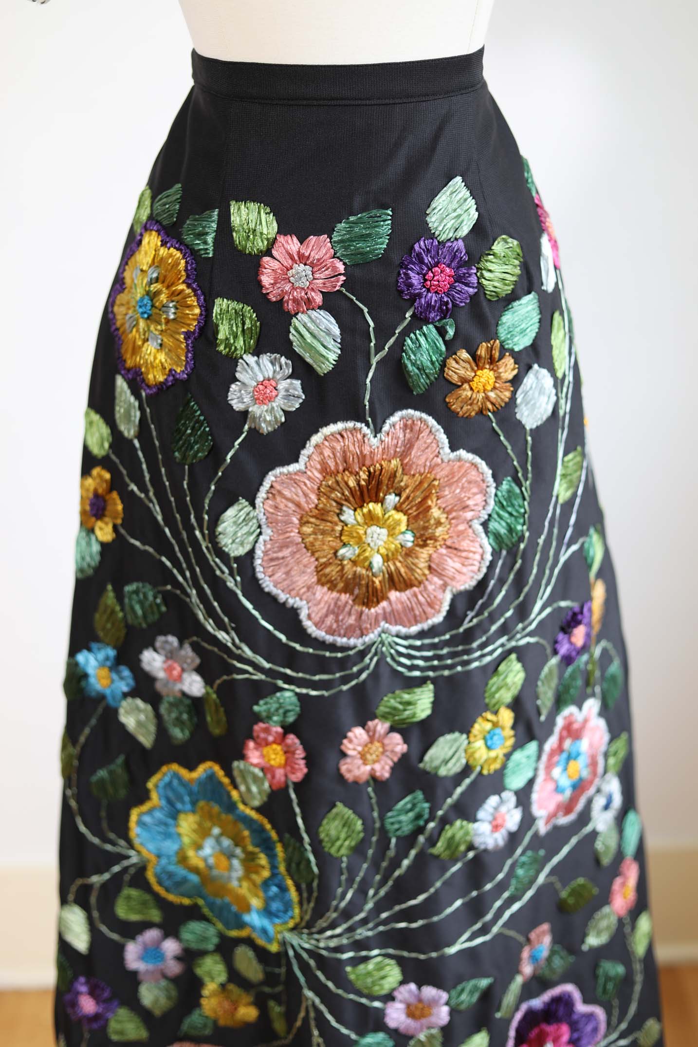 Vintage 1960s Skirt - RARE + INCREDIBLE Black w Pastel Rainbow Embroidered Straw Flowers Maxi of Dreams! Size S - M