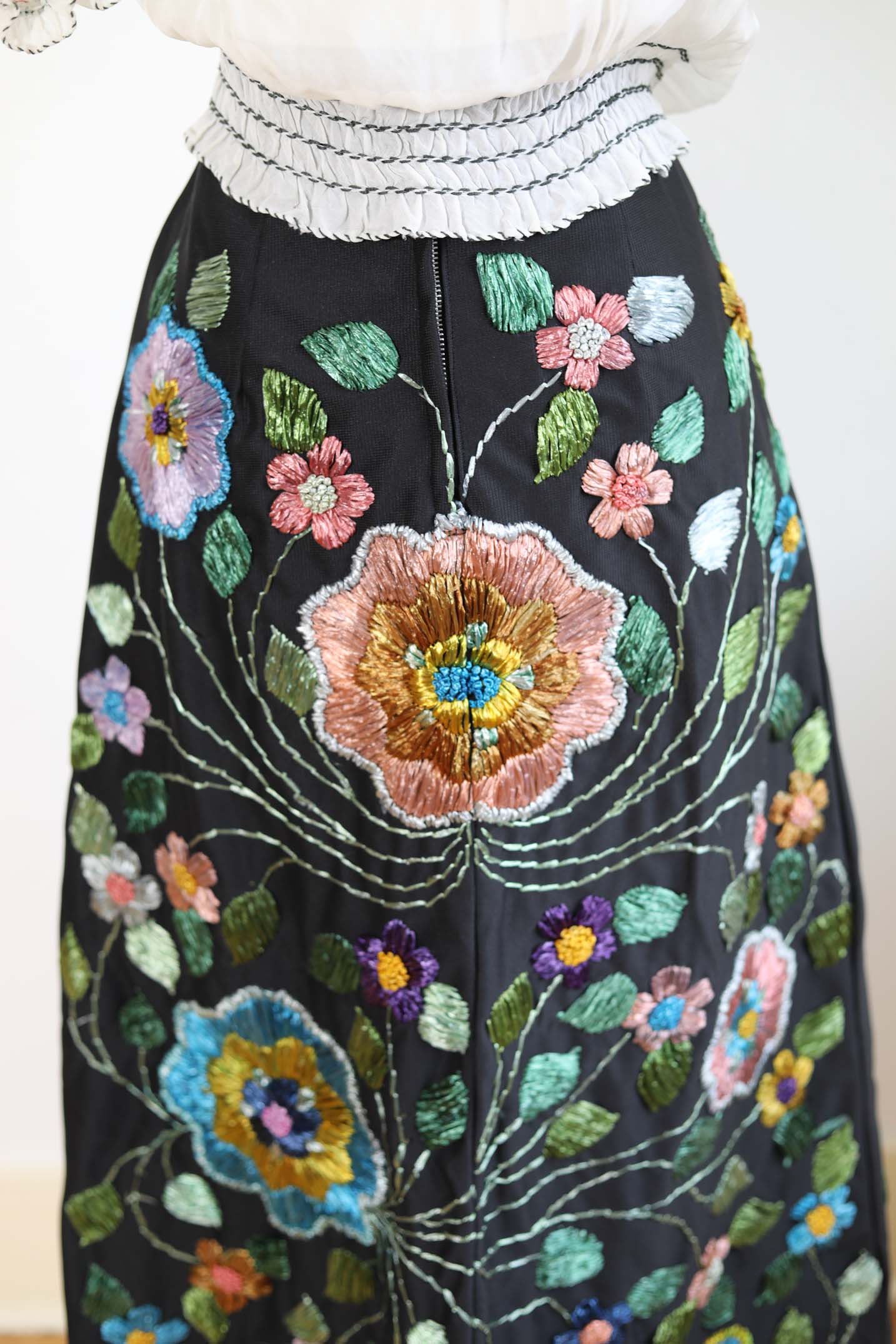 Vintage 1960s Skirt - RARE + INCREDIBLE Black w Pastel Rainbow Embroidered Straw Flowers Maxi of Dreams! Size S - M