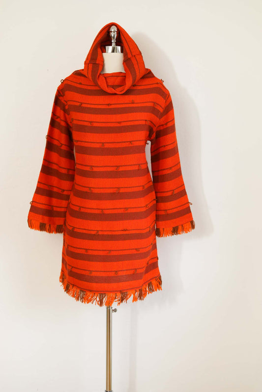 Vintage 1960s ZESTY Fringed Dress - Adorable Woven Orange w Cocoa Loop-de-Loop Trim Size M - L