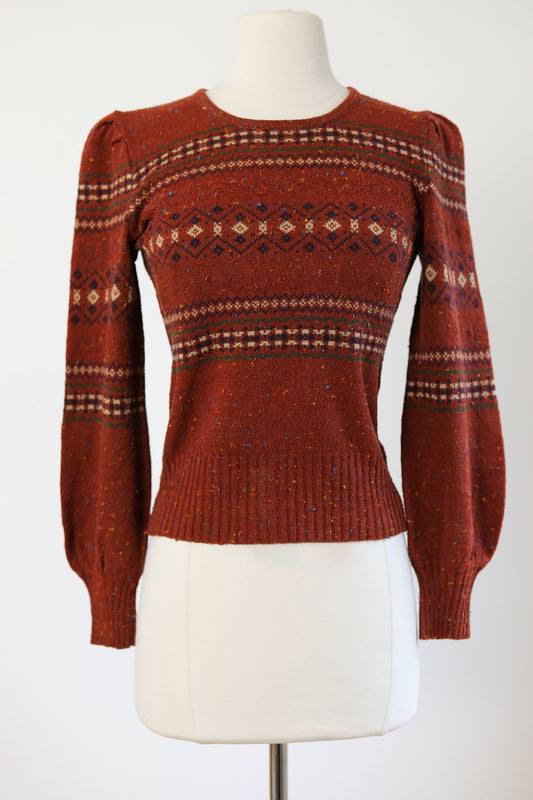 Vintage 1970s French Sweater - Whiskey Brown w Colorful Fleck Designer Cacharel Paris Pullover Jumper Top Size XS to S
