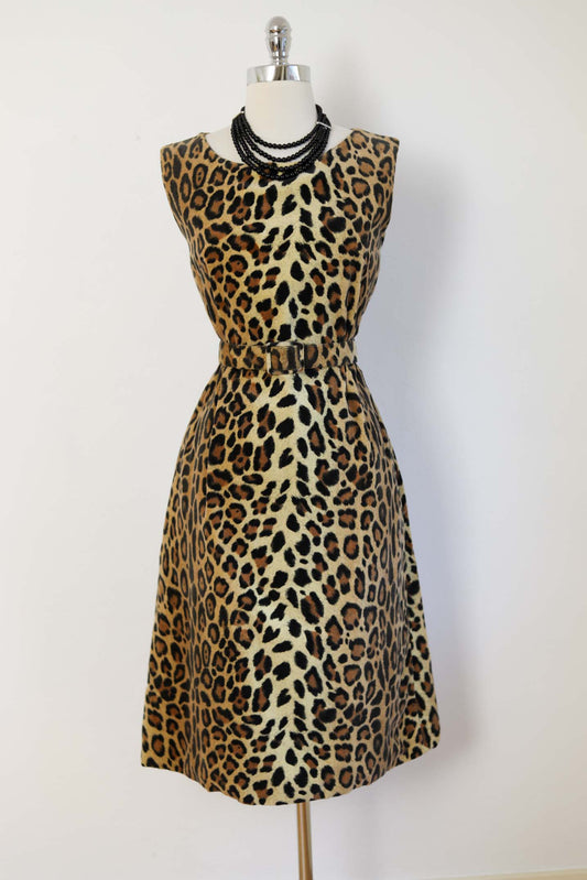 Vintage 1960s Leopard Print Cocktail Dress - BOMBSHELL Kitten-Soft Velvet-Velour Designer High End Dress w Chain-Adorned Belt Size L - XL