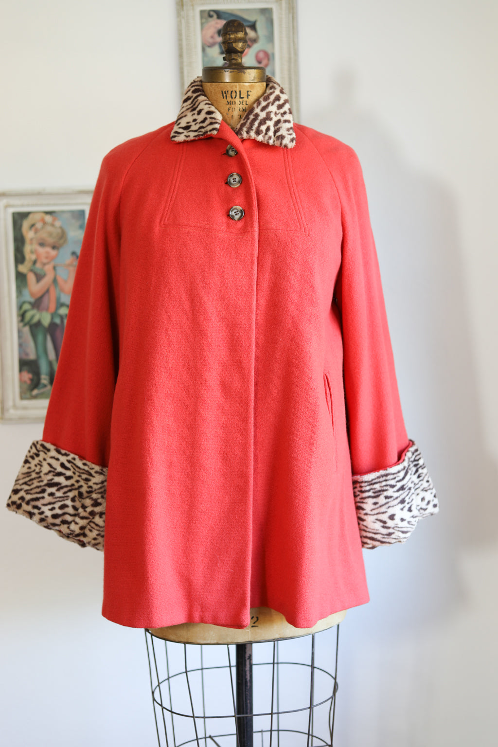 Vintage Late 1940s Cusper Coral Pink + LEOPARD Coat w Faux Fur - Darling Gloria Gay "Shorty" Bell Sleeve Deep Cuff Wool Swing Coat Fits Many