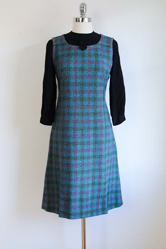 Vintage 1960s Tweed Jumper Dress - SUPER CUTE Teal Olive Pink Wool Dress Size M