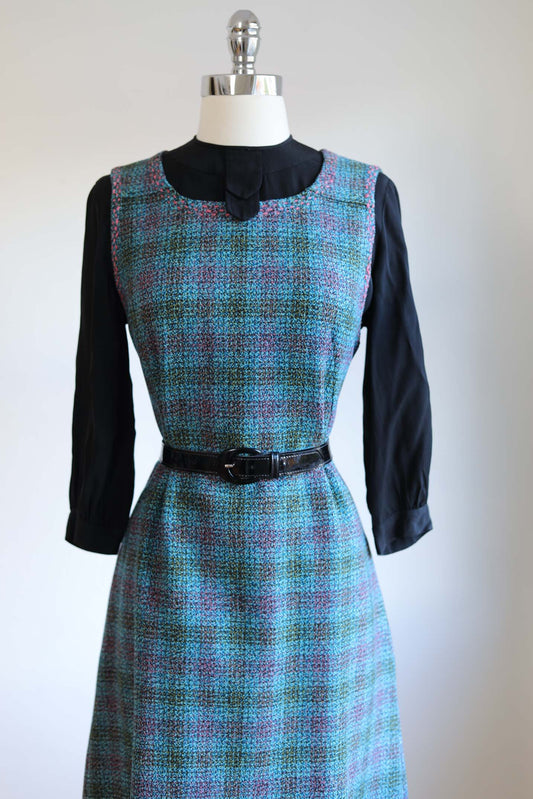 Vintage 1960s Tweed Jumper Dress - SUPER CUTE Teal Olive Pink Wool Dress Size M