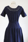 Vintage 1940s to 1950s Hand-Knit Dress - Midnight Blue Wool Knitwear w Faux Pearls Dress Size M to L