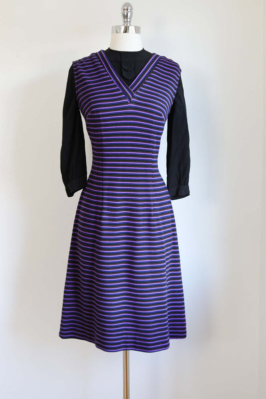 Vintage 1960s Striped Knit Jumper Dress - FAB Black Violet Knitwear Cozy Dress Size M to L