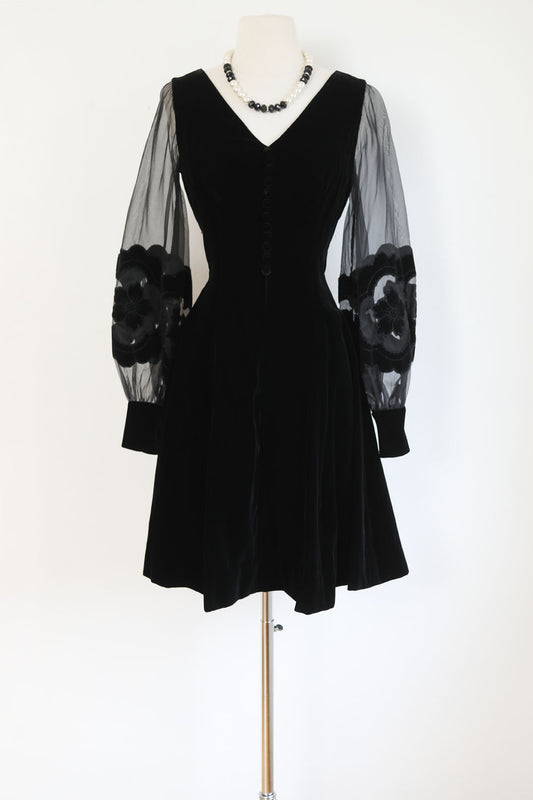 Vintage 1960s Black Velvet Dress - Luxe Midcentury Jet Black w Sheer Sleeves Cocktail Dress Size S to M