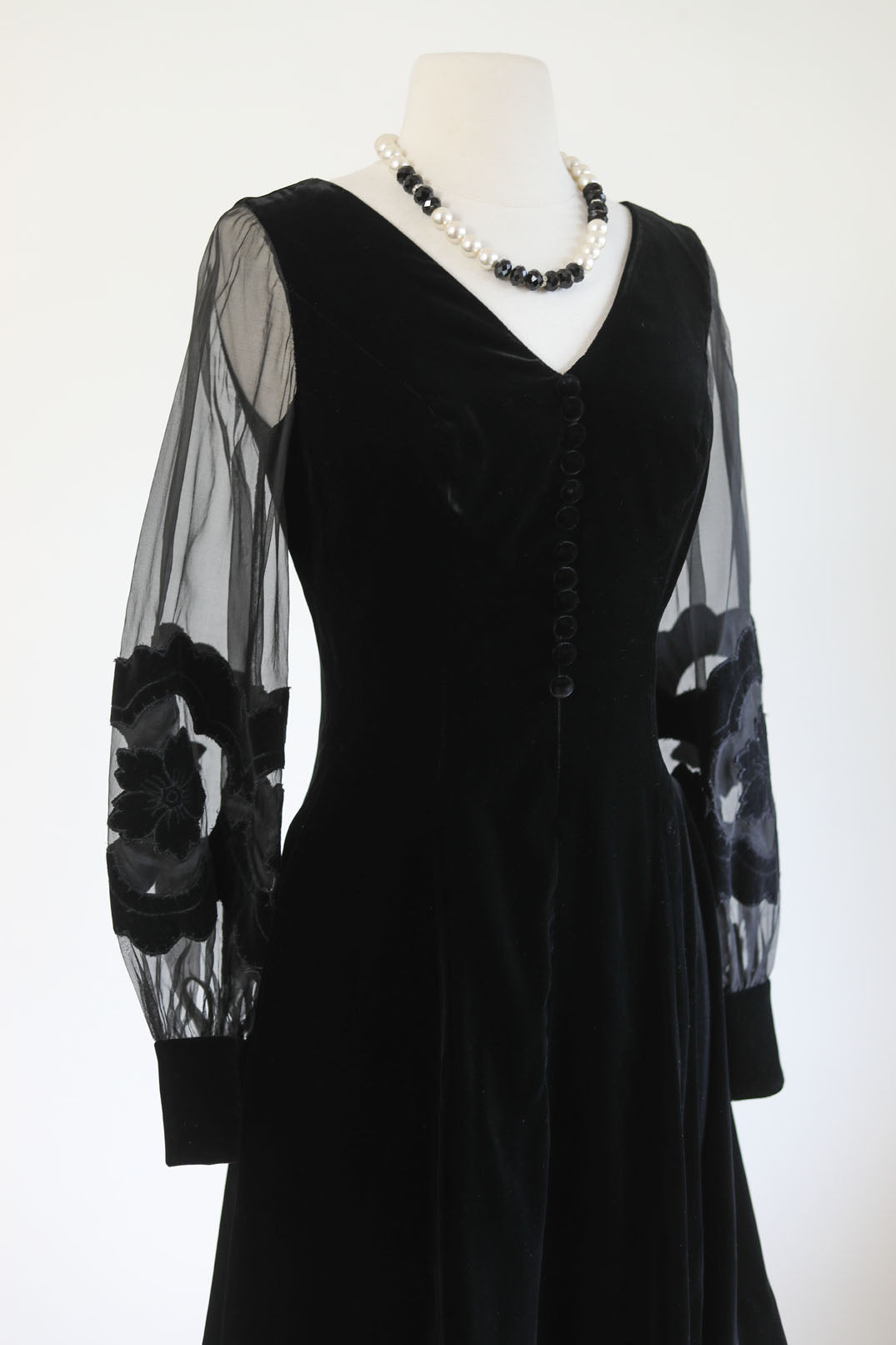 Vintage 1960s Black Velvet Dress - Luxe Midcentury Jet Black w Sheer Sleeves Cocktail Dress Size S to M