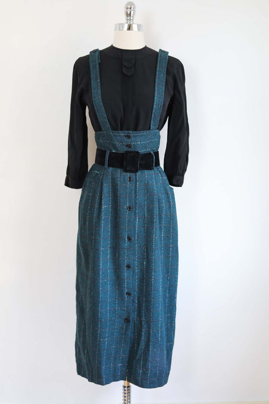 Vintage 1980s does 1940s Noir Suspender Dress - SUPER COOL Menswear Teal Plaid Wool Hobble Skirt Jumper w Belt Size XS to S