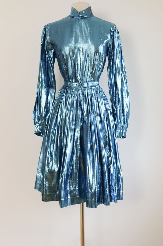 Vintage 1960s Blue Tinsel Lurex Dress - Rare Glittering Glossy Avant-Garde Midcentury Modern Cocktail Party Dress Size S to M