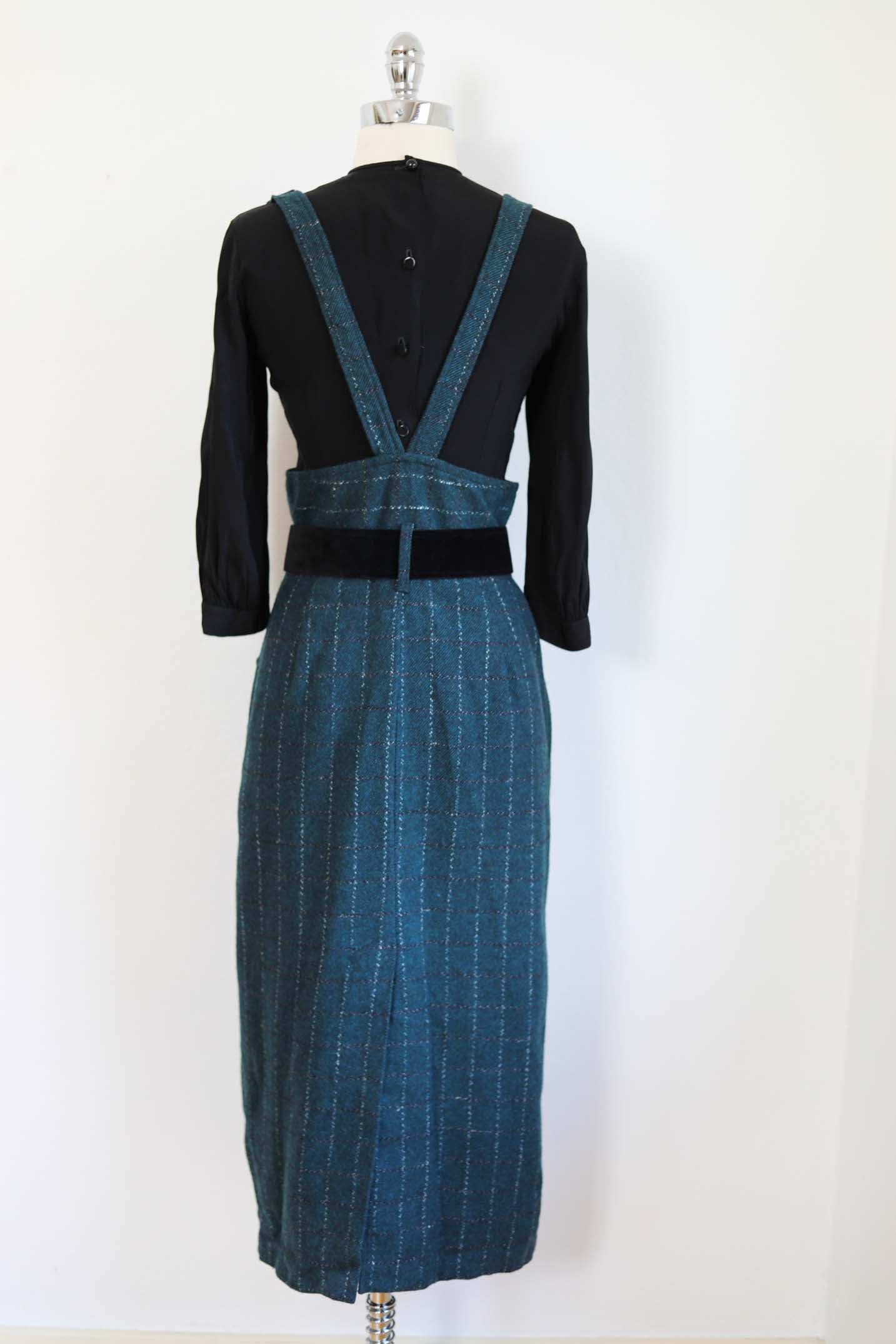 Vintage 1980s does 1940s Noir Suspender Dress - SUPER COOL Menswear Teal Plaid Wool Hobble Skirt Jumper w Belt Size XS to S