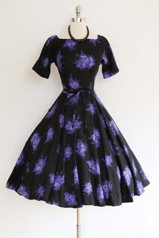 Vintage 1950s Rose Print Dress - LUSH Black Blue Violet L'aiglon Cotton Belted Full Skirt Dress Size XS - S