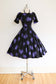 Vintage 1950s Rose Print Dress - LUSH Black Blue Violet L'aiglon Cotton Belted Full Skirt Dress Size XS - S