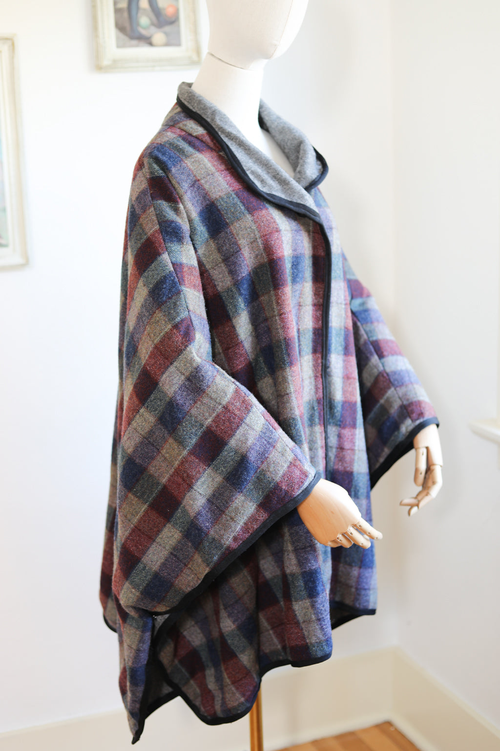 Vintage 1960s Reversible Wool Cape - Cozy Cloak Poncho Reverses from Moody Blue + Plum Plaid to Stormy Grey - Fits Most