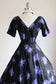 Vintage 1950s Rose Print Dress - LUSH Black Blue Violet L'aiglon Cotton Belted Full Skirt Dress Size XS - S