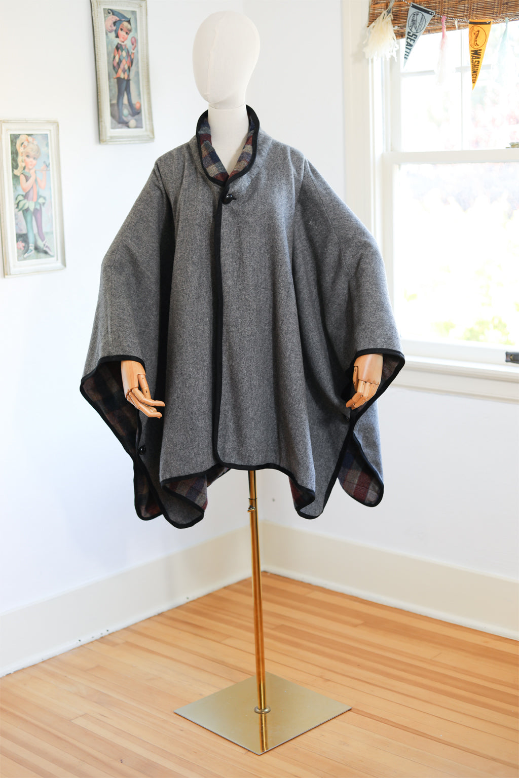 Vintage 1960s Reversible Wool Cape - Cozy Cloak Poncho Reverses from Moody Blue + Plum Plaid to Stormy Grey - Fits Most