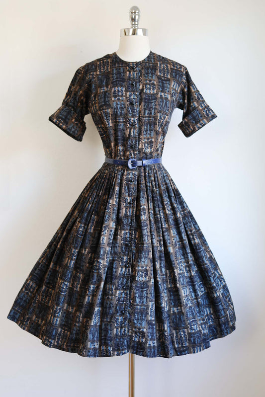 Vintage 1950s Dress - Tans + Blues Pure Cotton Novelty Print Sailing Ship Bell Anchor Shirtwaist Size M