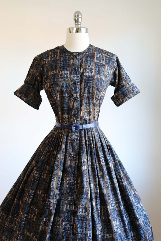 Vintage 1950s Dress - Tans + Blues Pure Cotton Novelty Print Sailing Ship Bell Anchor Shirtwaist Size M