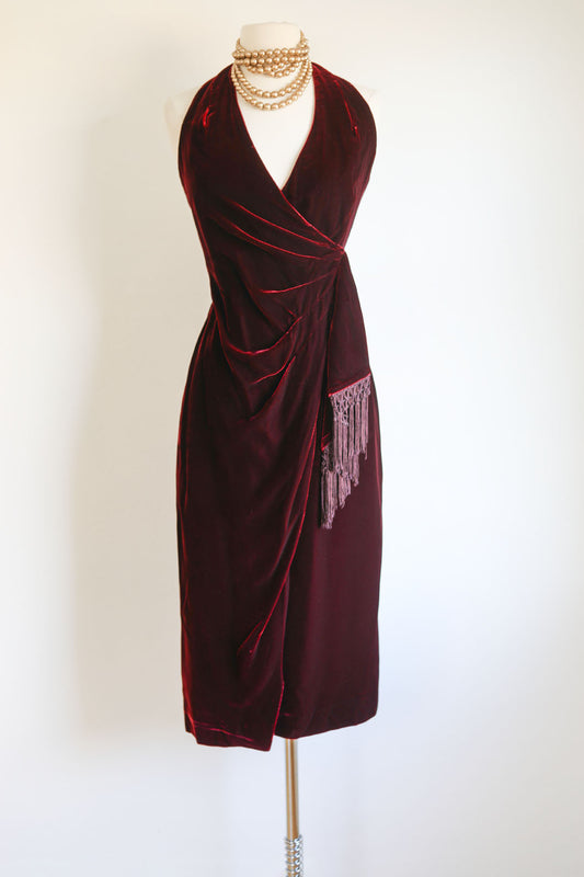 Vintage 1990s Dress - Exquisite Sculpted Wine Red Velvet Designer Cocktail Party Sarong Halter Dress Size S to M
