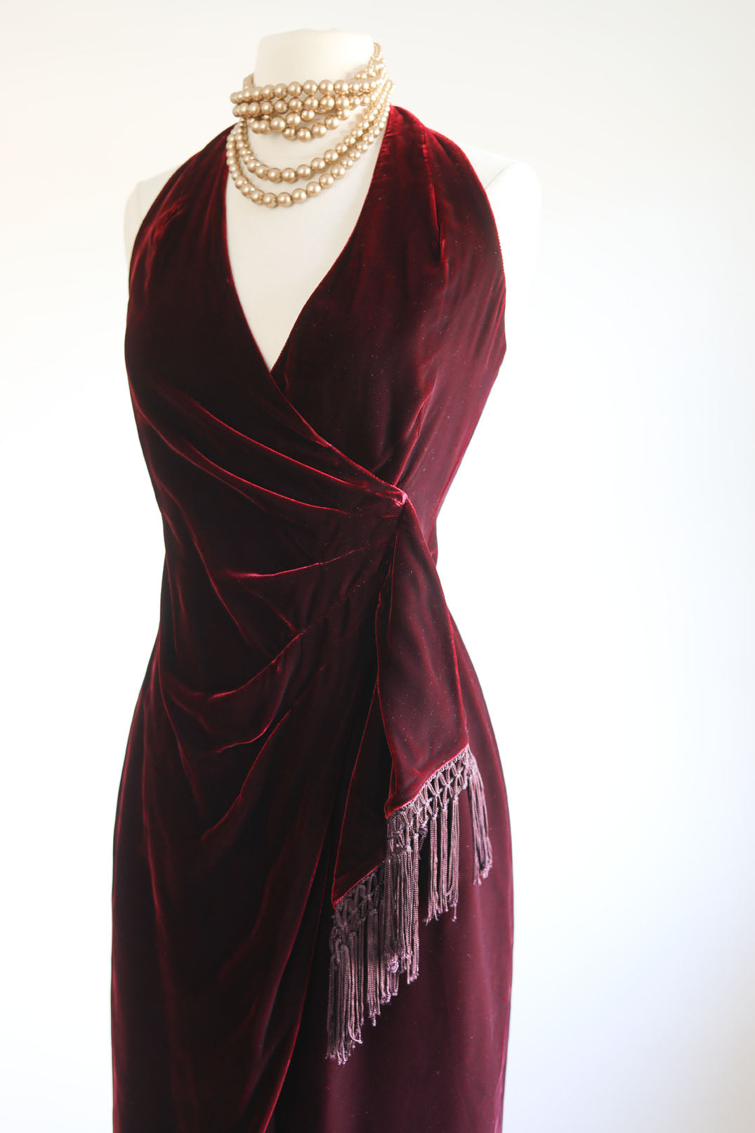Vintage 1990s Dress - Exquisite Sculpted Wine Red Velvet Designer Cocktail Party Sarong Halter Dress Size S to M