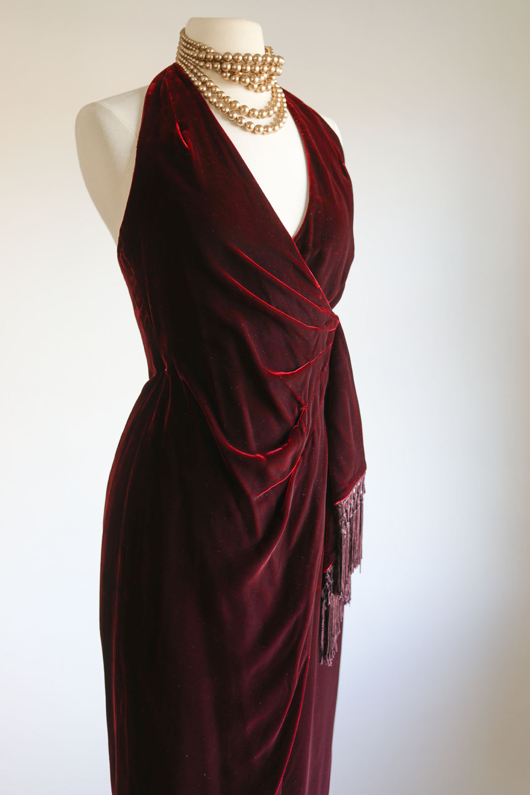 Vintage 1990s Dress - Exquisite Sculpted Wine Red Velvet Designer Cocktail Party Sarong Halter Dress Size S to M