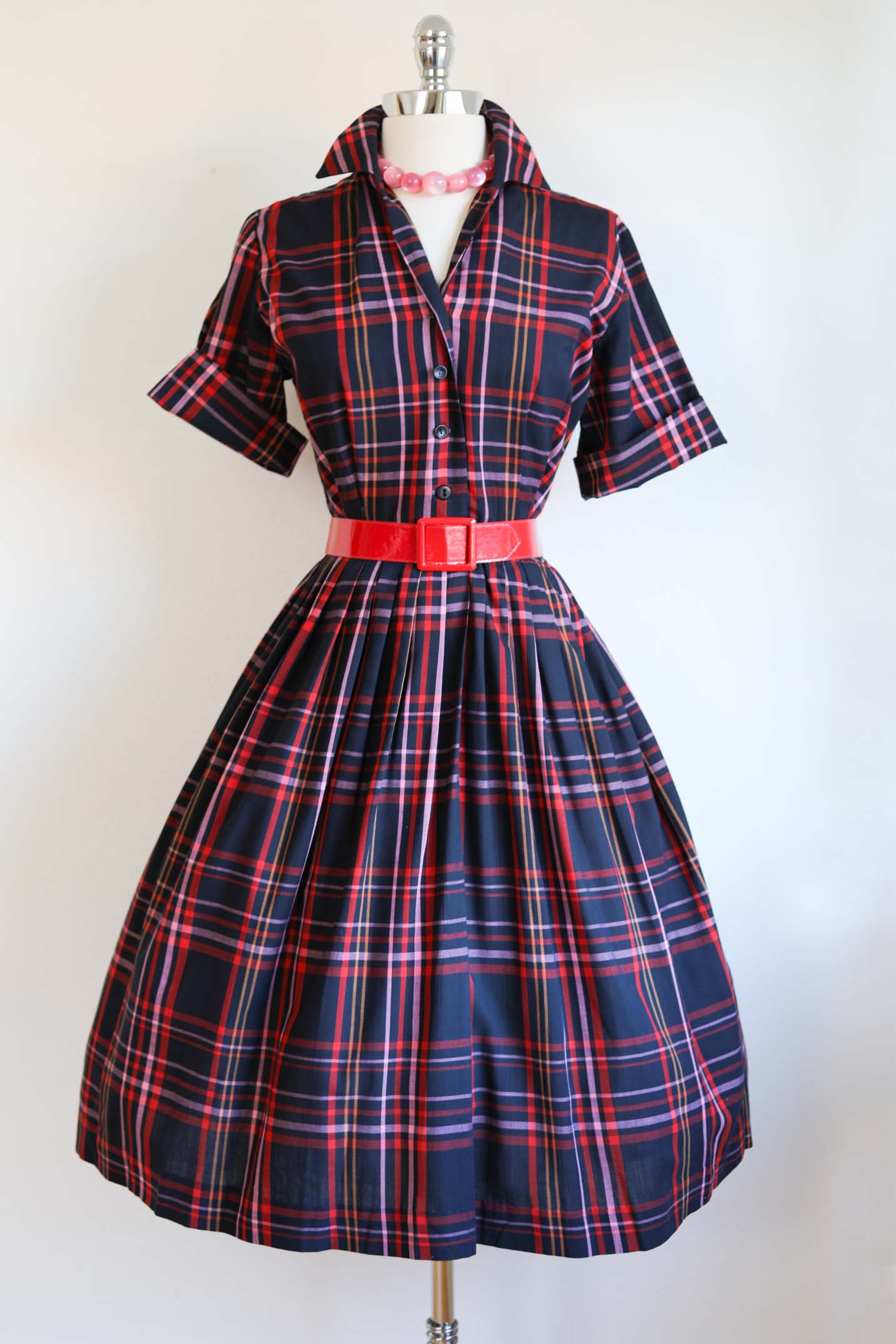 Vintage 1950s to 1960s Dress - FAB Black, Red, Pink, Mustard Plaid Soft Cotton Blend Shirtwaist Size M to L