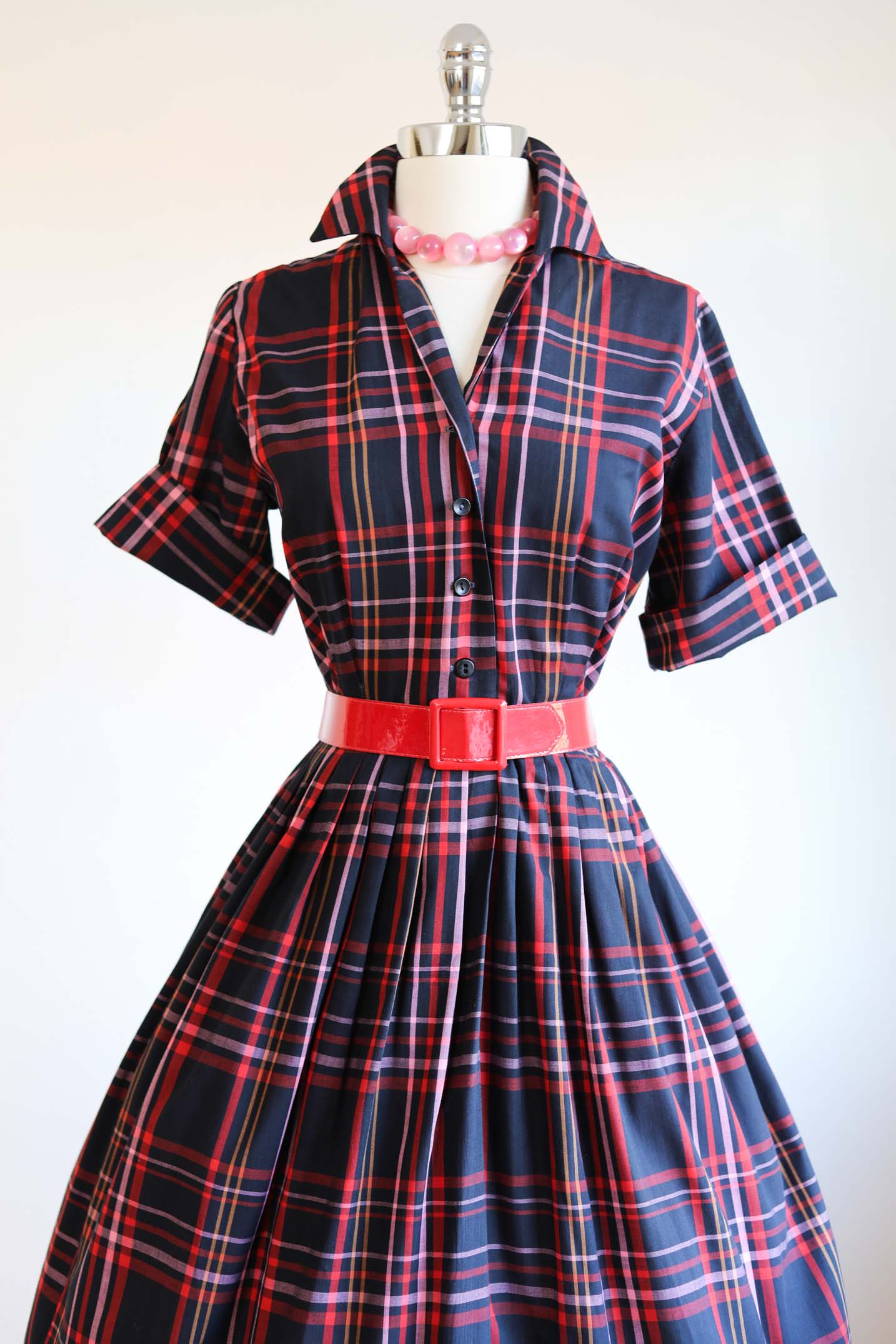 Vintage 1950s to 1960s Dress - FAB Black, Red, Pink, Mustard Plaid Soft Cotton Blend Shirtwaist Size M to L