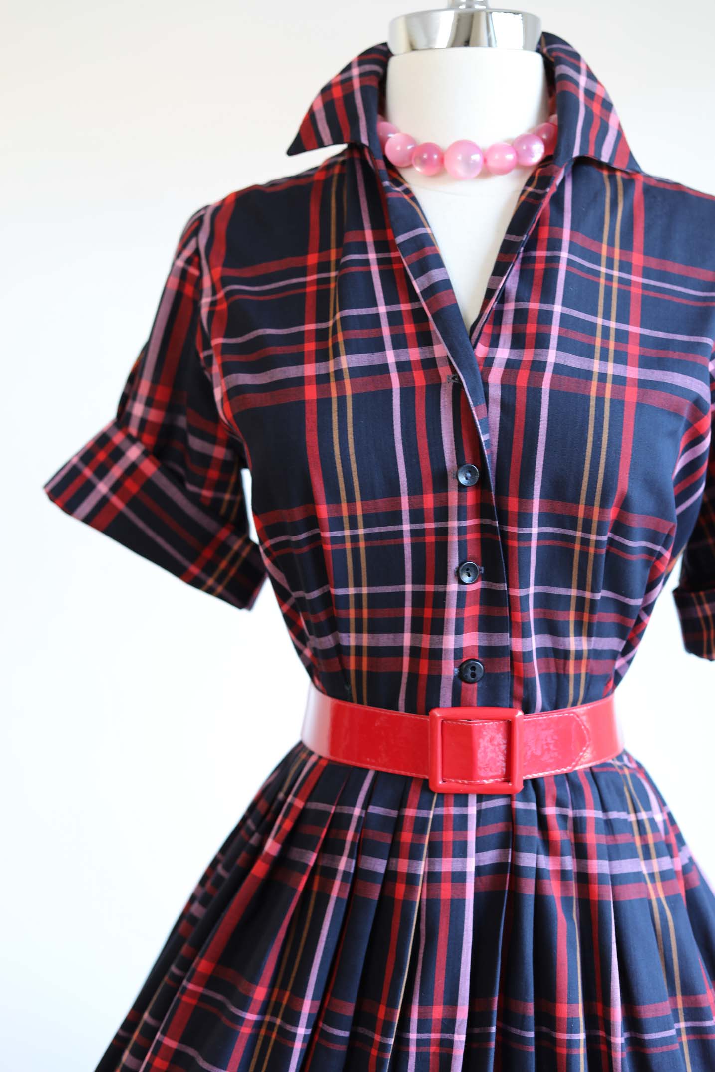 Vintage 1950s to 1960s Dress - FAB Black, Red, Pink, Mustard Plaid Soft Cotton Blend Shirtwaist Size M to L