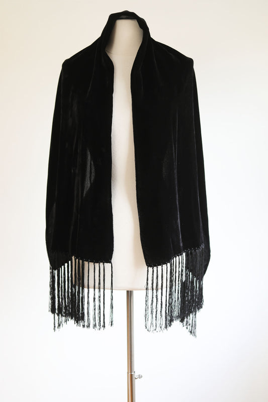 Vintage 1930s Silk Velvet Shawl - Fringed Jet Black Evening Wrap Size XS to XL (OSFA)