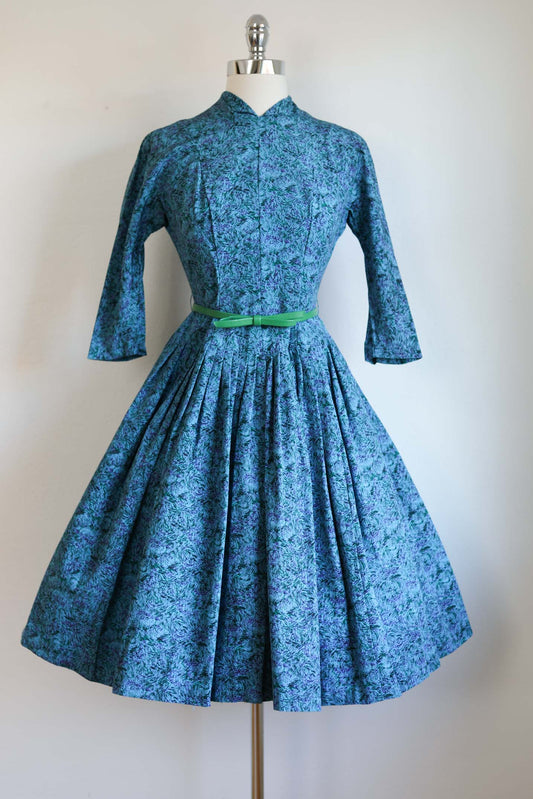 Vintage 1950s Party Dress - SCULPTED Princess Dress w Atomic Collar + Wicked Grass Print Size S