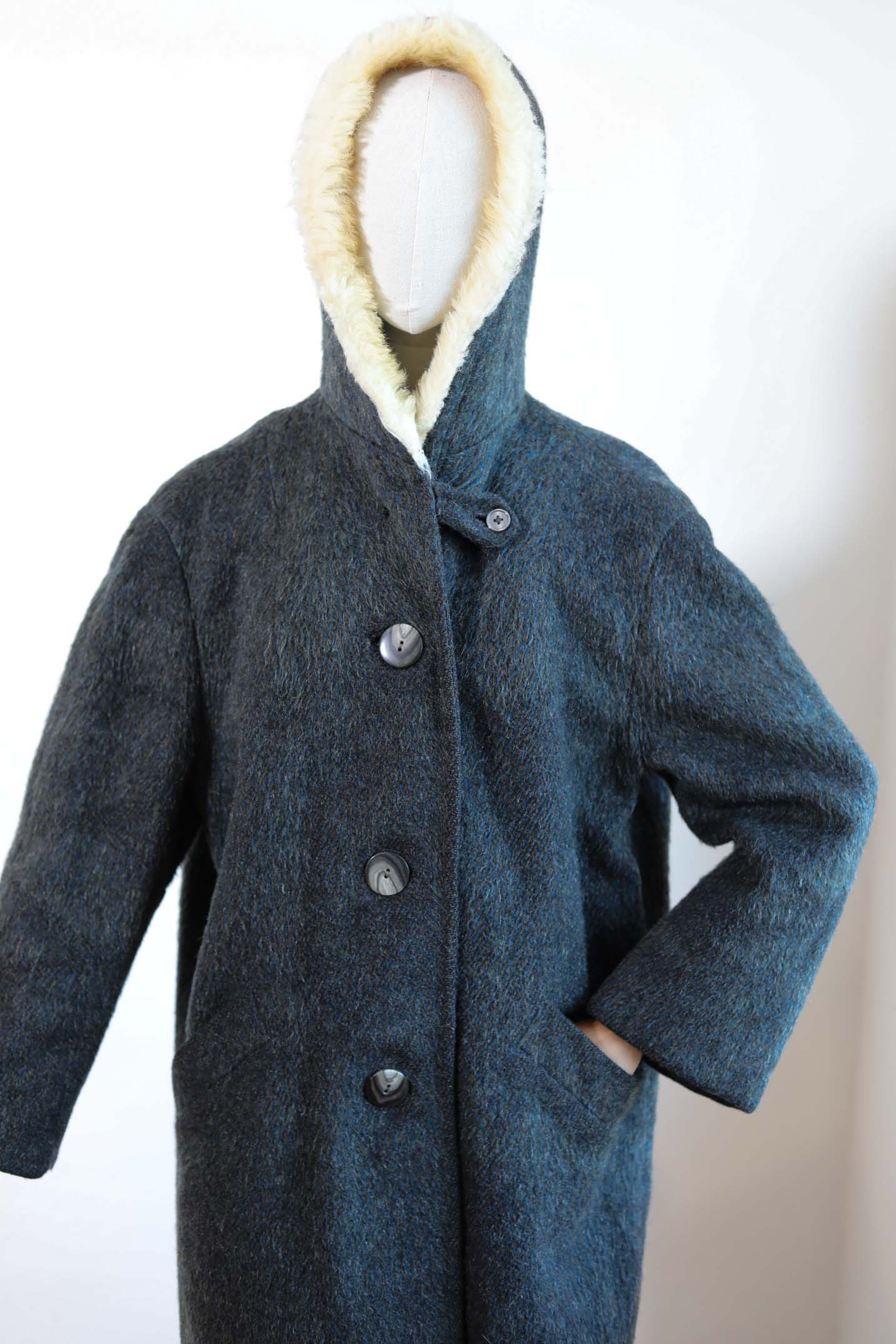 Vintage 1950s to 1960s Hooded Car Coat - TEAL MOHAIR Wool Austrian Folk Cozy Warm Winter Jacket w Furry Hood Size L to XL