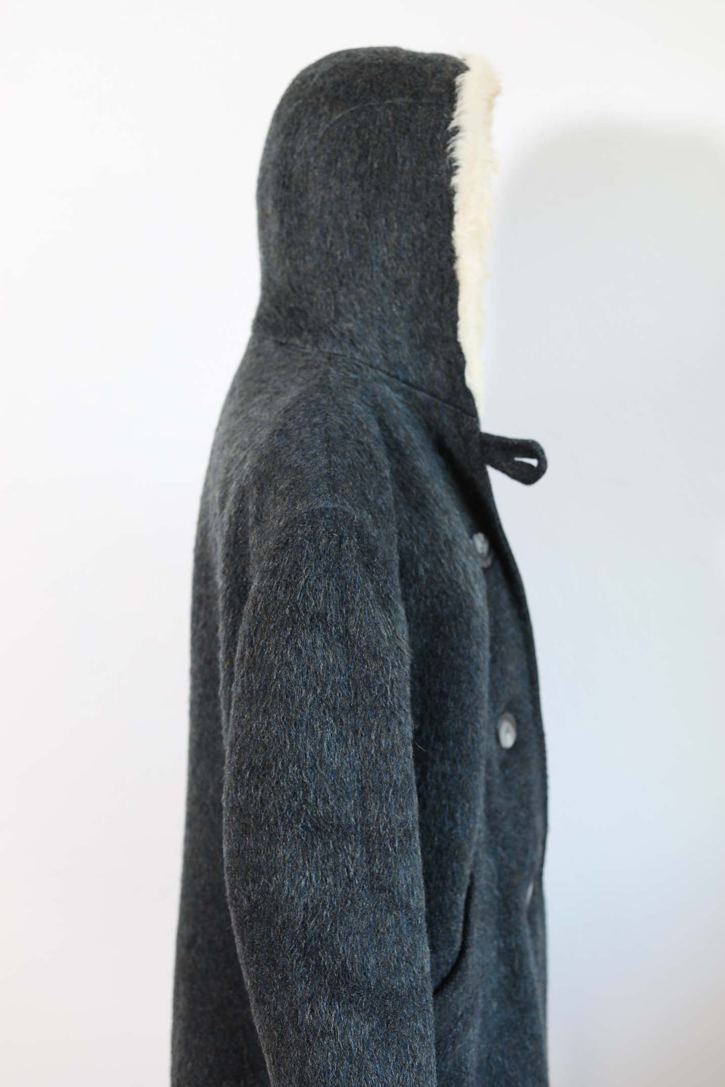 Vintage 1950s to 1960s Hooded Car Coat - TEAL MOHAIR Wool Austrian Folk Cozy Warm Winter Jacket w Furry Hood Size L to XL