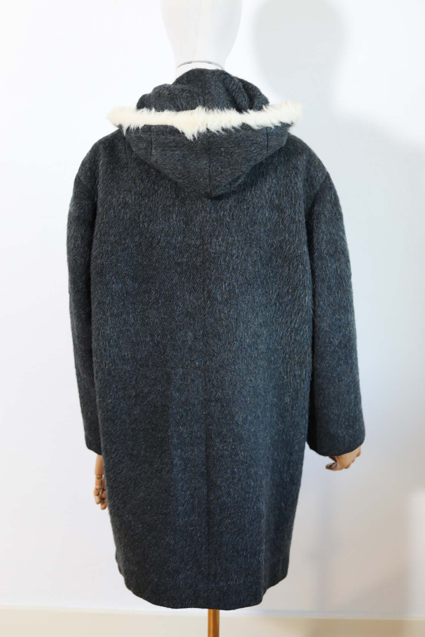 Vintage 1950s to 1960s Hooded Car Coat - TEAL MOHAIR Wool Austrian Folk Cozy Warm Winter Jacket w Furry Hood Size L to XL