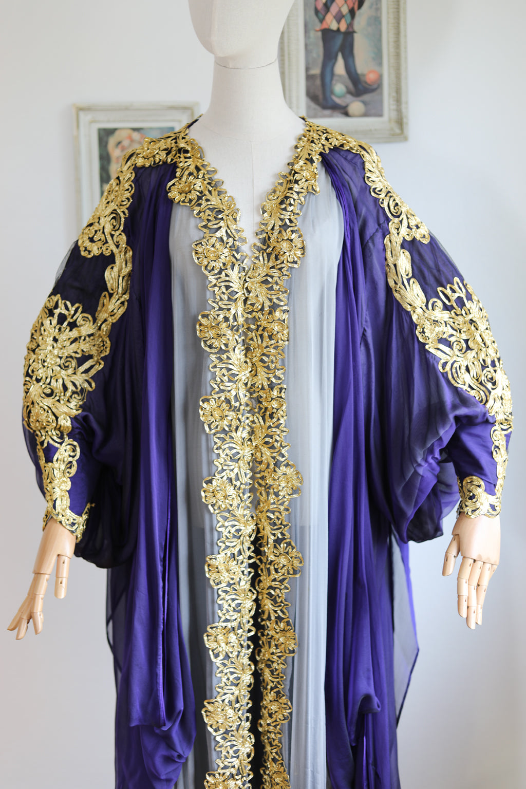 Vintage 1970s Diva's Custom Cape - MESMERIZING Wizard Purple + Smoke Chiffon + Gold Metallic Soutache Cloak Jacket Duster w MASSIVE Bishop Sleeves + Train! Fits Most