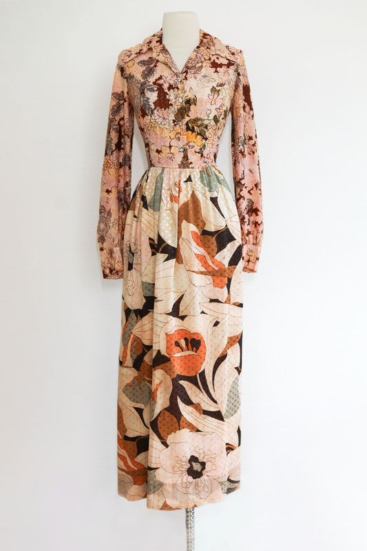 Vintage 1970s Maxi Shirtwaist Dress - Documented 1974 Dreamy Pink Jersey Floral Print Dress w Rhinestones Size M