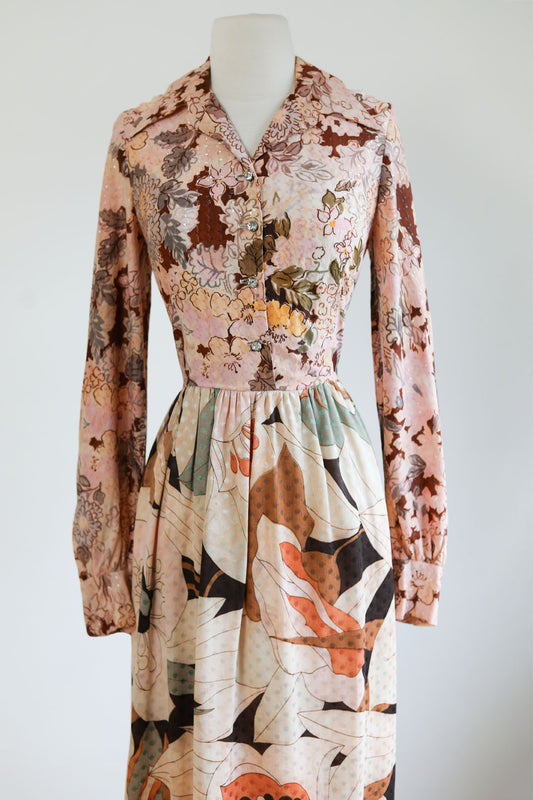 Vintage 1970s Maxi Shirtwaist Dress - Documented 1974 Dreamy Pink Jersey Floral Print Dress w Rhinestones Size M