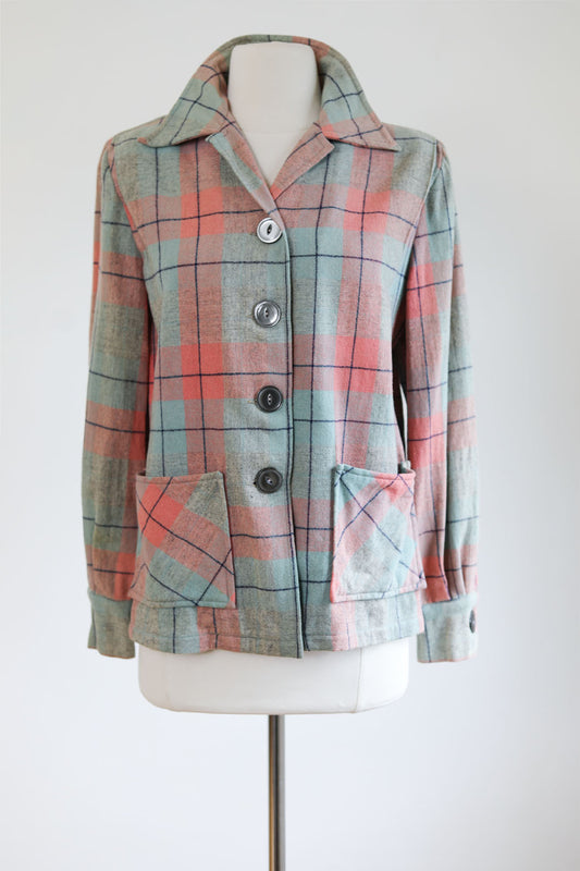 Vintage 1950s Pastel 49er Jacket - Rare Candy Pink Pale Blue Plaid Wool Chore Shirt-Jac Size M to L
