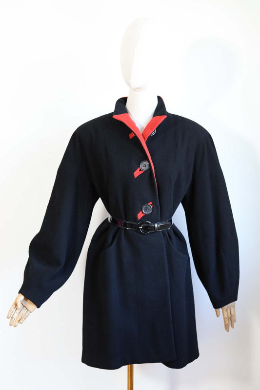 Vintage 1940s Car Coat - INCREDIBLE Black Red Wool Princess Seam Coat w Bakelite Buttons Size L - XL