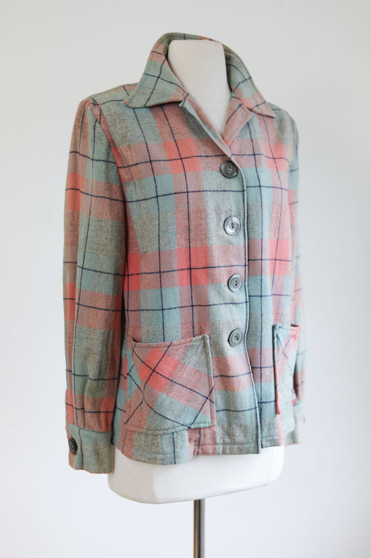 Vintage 1950s Pastel 49er Jacket - Rare Candy Pink Pale Blue Plaid Wool Chore Shirt-Jac Size M to L