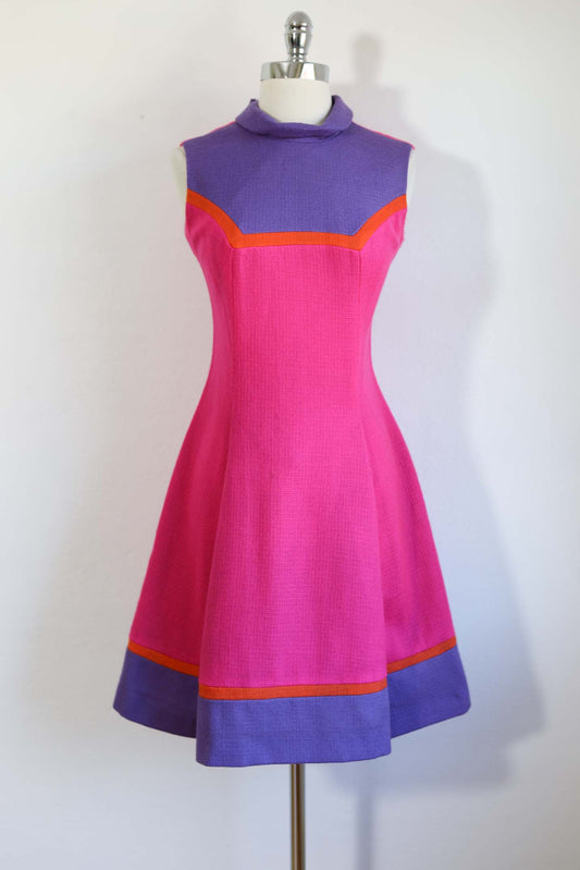 Vintage 1960s Color Block Dress - EYE-POPPING Hot Pink Lavender Orange Wool A-line Mod Dress Size S to M