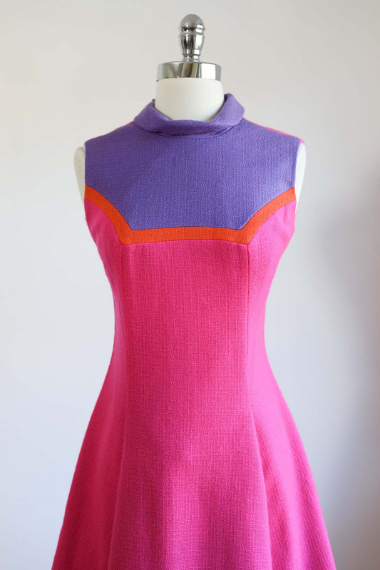 Vintage 1960s Color Block Dress - EYE-POPPING Hot Pink Lavender Orange Wool A-line Mod Dress Size S to M