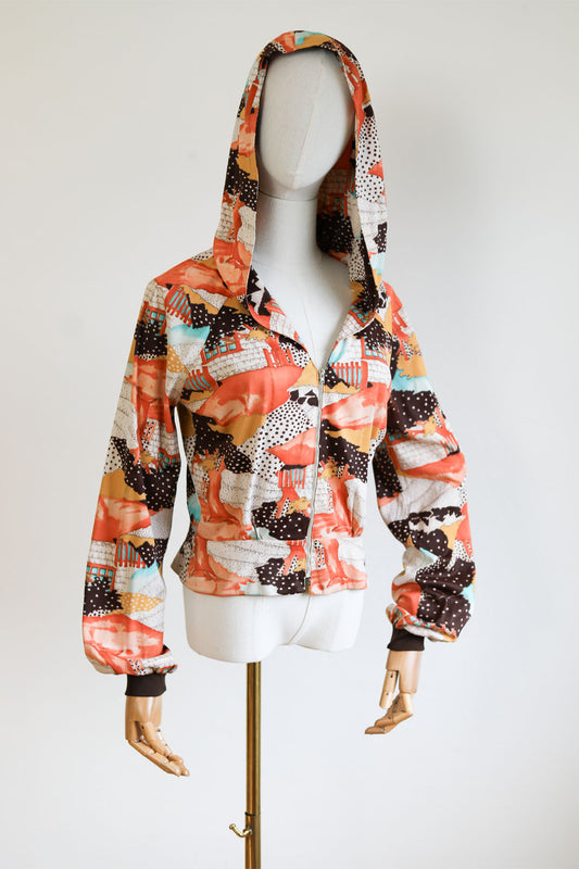 Vintage 1970s Metal Zipper HOODED Jacket - Adorable Creepy Polka Dot Trees + Cottages Deco Zip-Up Hoodie Size M to L