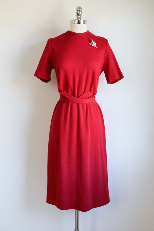 Vintage Early 1960s Red Knitwear Dress - Documented 1965 Perfectly Sculpted Cotton Knit Dress w Amazing Belt Size S to L Range