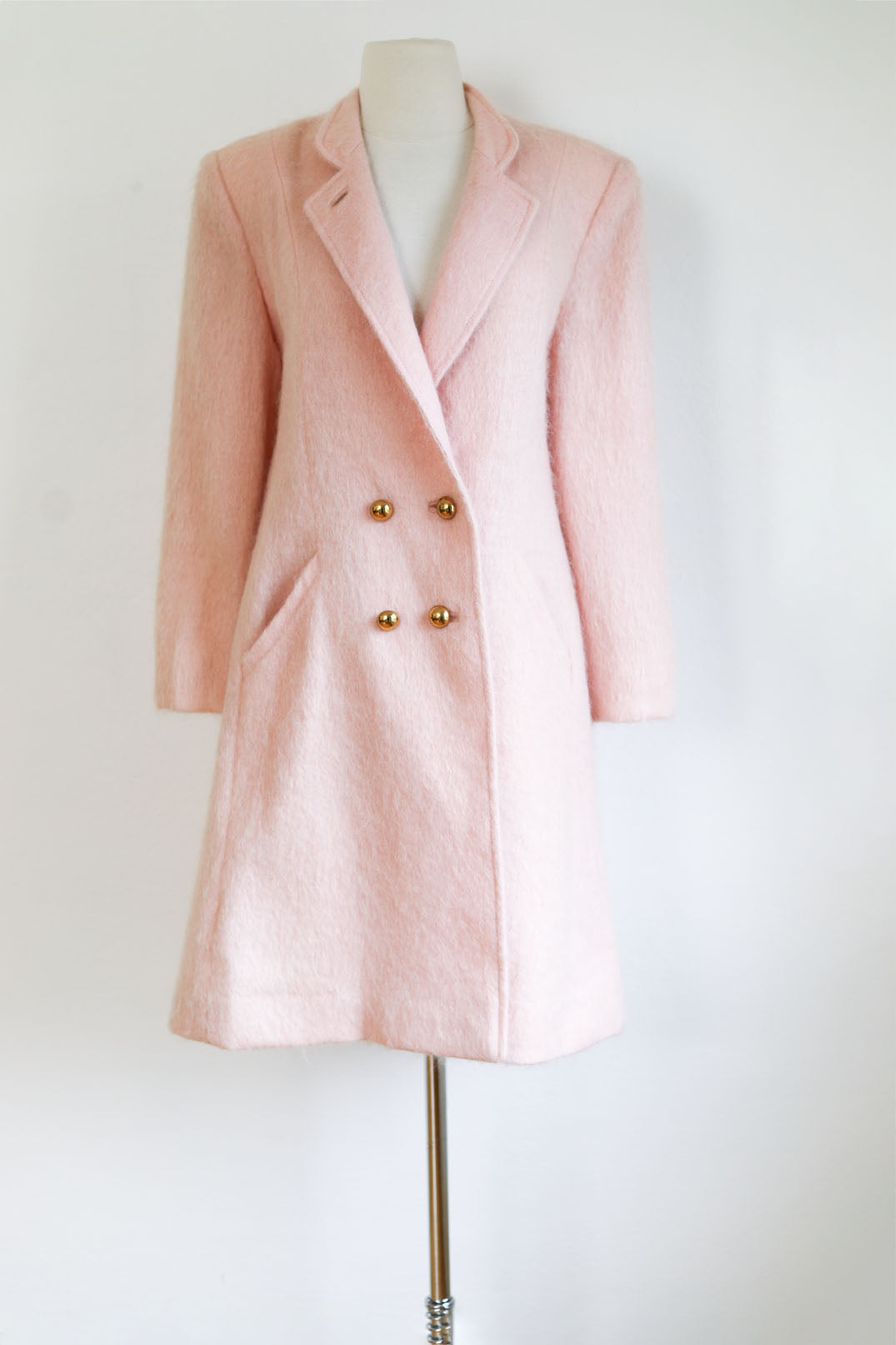 Vintage 1980s Princess Coat - Spectacular + Rare Pastel Pink Designer Mohair Coat w Brass Buttons Size M to L