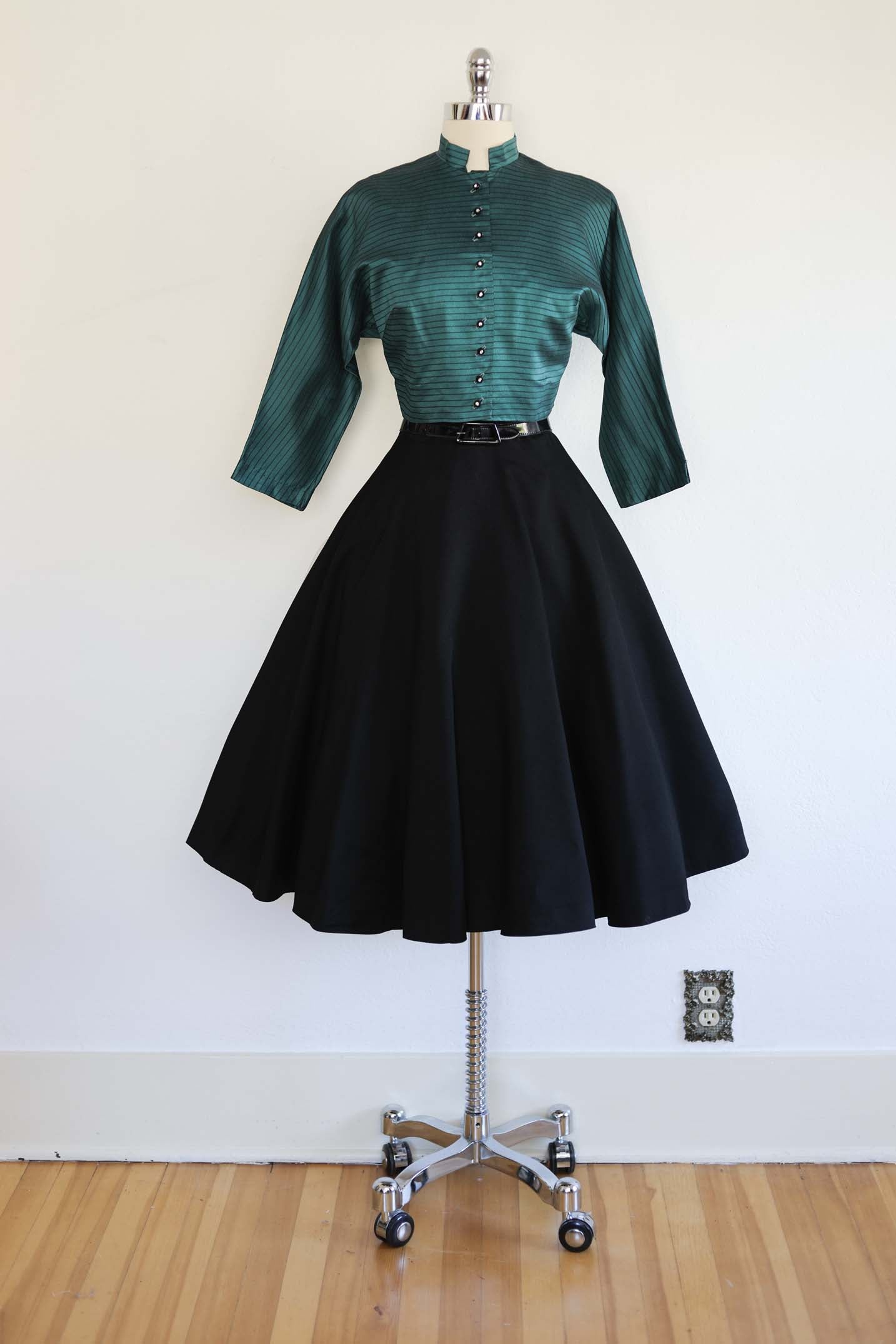 Vintage 1950s Dress - Electric Teal Blue Stripe + Black Silk Full Skirt Party Dress + Jacket Size XS to S