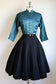 Vintage 1950s Dress - Electric Teal Blue Stripe + Black Silk Full Skirt Party Dress + Jacket Size XS to S