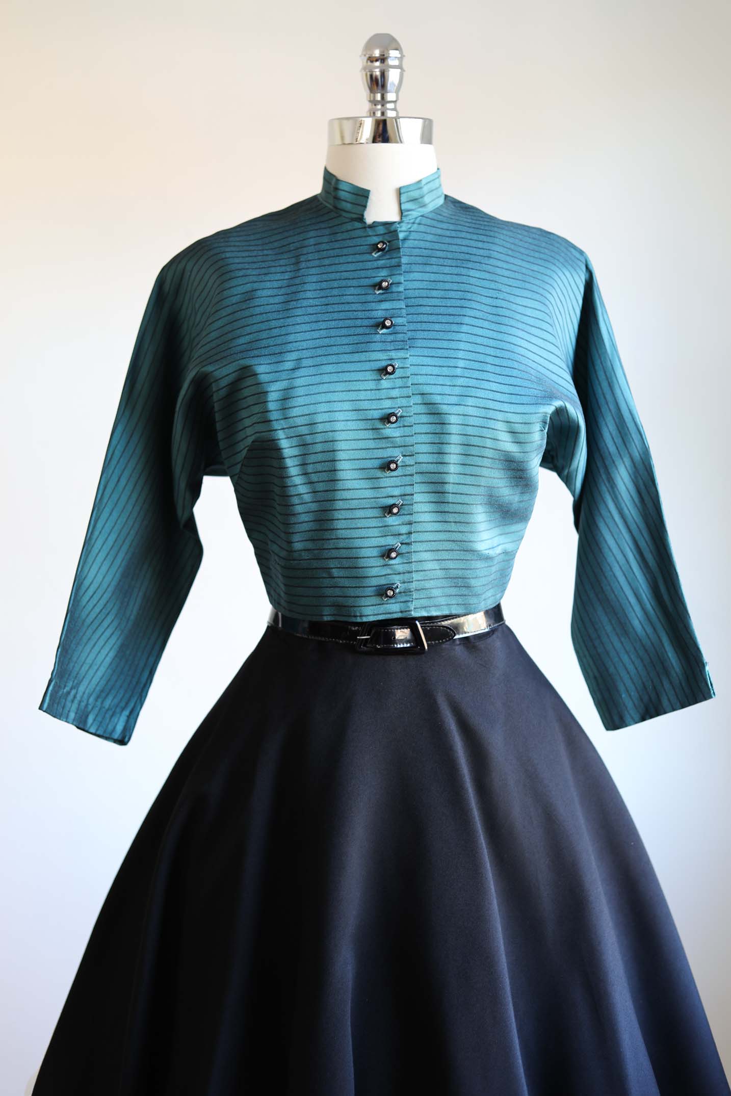 Vintage 1950s Dress - Electric Teal Blue Stripe + Black Silk Full Skirt Party Dress + Jacket Size XS to S